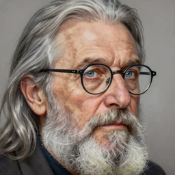 face portrait of a very old man with long silver hair and beard and light blue eyes, half - moon glasses and a long crooked nose, highly detailed, painting