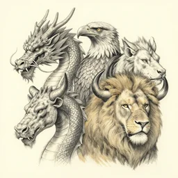 a dragon with four heads. one human head, second eagle head, third lion head, fourth ox head. drawn by francis bacon