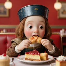 medieval jan van eyck closeup face portrait of a tin toy emogirl eating cakes in a 1 9 5 0 s diner, nicoletta ceccoli, mark ryden, lostfish, max fleischer, depth of field, detailed and intricate red square environment, 8 k resolution, hyperrealistic, octane render