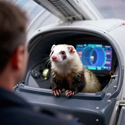 A ferret riding inside of a spaceship, medium shot, over-the-shoulder shot, 4800k, Anaglyph, professional photography