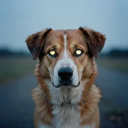 a dog with glow eyes, surreal, cinestill 8 0 0 t