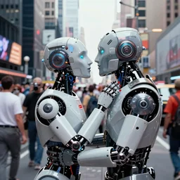 two robot kiss, v - j day in times squar, color photos, hd photos, cyberpunk, by alfred eisenstaedt and brian sum, hd photos
