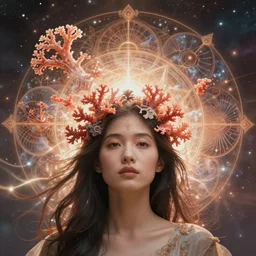 ridiculously beautiful young asian woman tripping, coral and light fractals radiating from head with sacred geometry, cosmic, natural, awakening, symmetrical, in the style of ernst haeckel and alex grey, effervescent, warm, photo realistic, epic and cinematic