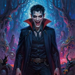 Horrifying hyper realistic vampire in a beautiful lsd multiverse, Gerald Brom matte painting, post-processing, fantasy , masterpiece , painting , vibrant colors