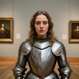 portrait of an pretty lady in midevil armor, rembrant go pro selfie hanging museum