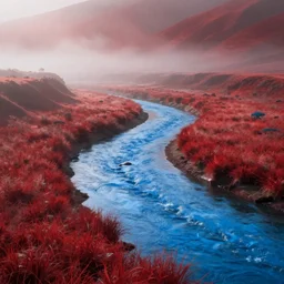 A clear blue water river. To the sides of the river is crimson grass. A crimson fog envelops the surrounding landscape. Dreamy.