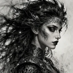 Necromancer Sorceress face close-up macro in center, flying hair, fantasy magic, undercut hairstyle, dark light night, intricate, elegant, sharp focus, illustration, highly detailed, digital painting, concept art, matte, art by WLOP and Artgerm and Greg Rutkowski and Alphonse Mucha, masterpiece