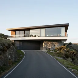 a road leading to a mid-century modern house with large windows on top of a cliff in the arctic, covered with snow, designed by Frank Gehry. Big tiles. Film grain, cinematic, yellow hue