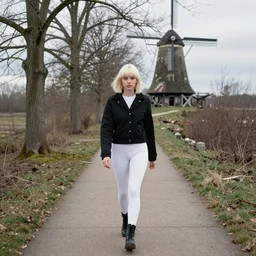 19-year-old Aristocratic platinum-blonde-haired hime-cut blue-eyed French empress wearing white leggings and black jacket, walking down sidewalk, winter trees, dead trees, mill, abandoned mill, drones, HD photograph