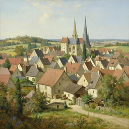 painting of a rural French medieval village, by Aleksander Rostov