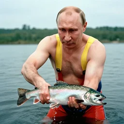 7 0 s movie still of putin in speedo, catching a salmon with his hands, cinestill 8 0 0 t _ 3 5 mm eastmancolor, heavy grain, high quality, high detail