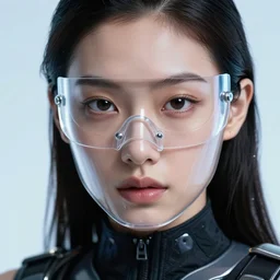 asian woman close up face portrait, wearing transparent glass mask, cyberpunk techwear streetwear clothes, chrometype aesthetics, highly detailed, by andrew chiampo, beeple, artstation, and frederik heyman, extremely detailed woman, stunning volumetric lighting, hyper realism, fantasy, intricate