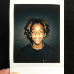 a black boy boy with colored dread hair in dark room flash, polaroid effect!