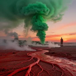 realistic landscape, big red veins, red rivers, green smoke, prometheus, giger, by greg rutkowski, sunset, steam, 4 k, hdr