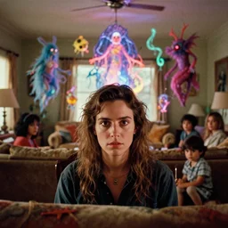 movie still by alejandro jodorowsky of a beautiful day in a family living room in suburban california usa, visible magic energy, dream creature costumes, floating organisms, cult things, glowing parade float, cinestill 8 0 0 t eastmancolor technicolor, high quality, very detailed, heavy grain, fine facial features, 8 k, octane render