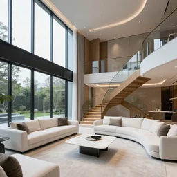 A modern style living room with floor to ceiling glass windows on the left and curved wooden stairs going upstairs on the right, two white sofas with a white marble table in the center, stairs to the second floor, 8k resolution, professional interior design photograph, wide angle photograph