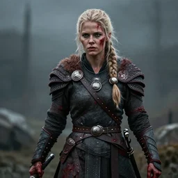 a beautiful viking female warrior, covered in blood, highly detailed.