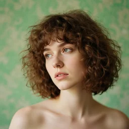 portrait of a young woman!! daydreaming! brown fuzzy!!! hair, short hair!! green wallpaper background! by eugen von blaas