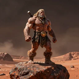 muscular barbarian on mars, standing on boulder, science fiction pulp illustration, bisexual lighting