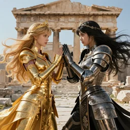 portraits fo one golden knights of zodiac girl, one metallic black knights of zodiac girl kung fu fighting each other at ruined Agora of Athens sunrise, ssci-fi, fantasy and human anatomy, intricate and very very beautiful and elegant, highly detailed and hyperrealistic digital painting, artstation, concept art, smooth and sharp focus, illustration, art by tian zi and WLOP and alphonse mucha