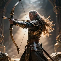 a armored night elf hunter warrior casting arrows with bow lord dramatic lighting cinematic establishing shot extremely high detail foto realistic cinematic lighting post processed