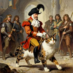 ( ( ( brigganock dressed like a musketeer riding a tortoiseshell cat ) ) ), d & d, fantasy, medieval, greg rutkowski, frank frazetta, alexandre chaudret, boris vallejo, michael whelan, miro petrov, magali villeneuve