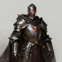 a very elegant fantasy portrait of a fantasy knight and a wizard robe made of dragon hide combination, red glowing eyes, medieval armor, custom armor design, pointy, the red glows coming through the knight helmet, paint smears, digital art, character design, d & d character, heavy shading, master of fantasy art