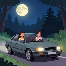 disney art style, two girls sitting in an Audi A80 B4, driving through a forest at nighttime on a full moon
