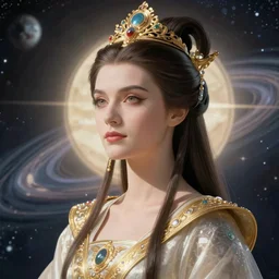 portrait of the powerful empress of the solar system in the style of charlie bowater and in the style of kim jung gi. glowing, ornate and intricate linework, sharp focus, depth of field, stunning, dynamic lighting, ultrafine and hyperdetailed.