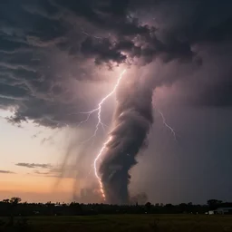 a photograph of a tornado, thunderstorm, lighting bolts, illuminated from various angles by the setting sun, cinematic, dramatic lighting