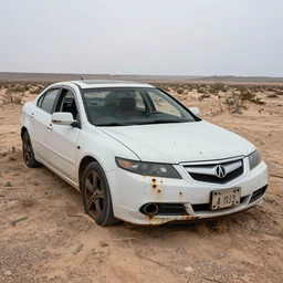 a wrecked 2 0 0 9 acura arx - 0 2 a, abandoned in a desert, dusty, damaged, some rust