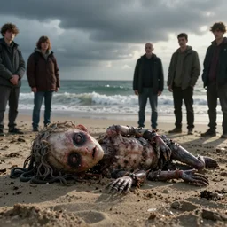 color photo, a creepy creature washed up on the beach. the faces of the onlookers look uneasy.