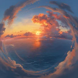 sperical hdri map, epic fantasy, ocean, mattepainting, octane, warm sundown, fall vibrancy, swirley clouds, by makoto shinkai, by wu daozi
