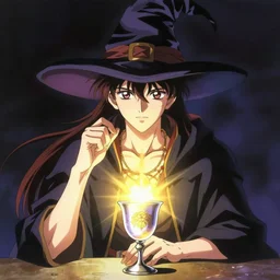 a mystical man with a goblet on the table, wizard hat, drawn by Naoko Takeuchi,