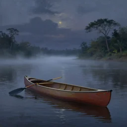 canoe floating on the amazon river, night, mist, octane render, art by greg rutkowski, beautiful composition, trending on artstation, highly detailed oil painting, fantasy digital art