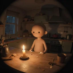 cute solitary kitchen dim lit by a candle ripped physique simon stalenhag gerald brom bastien grivet by greg rutkowski game background fisheye lens day of the tentacle