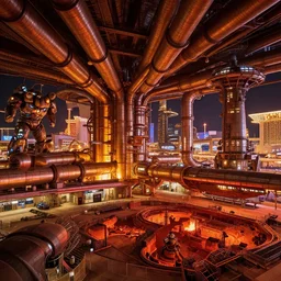 a bulbous space-station city airport las vegas at night with massive piping inspired by a nuclear reactor submarine and maschinen krieger, ilm, beeple, star citizen halo, mass effect, starship troopers, elysium, iron smelting pits, high tech industrial, warm saturated colours