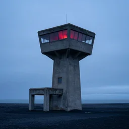 an old robust concrete brutalist observation tower from ww 2 with red light coming from inside. the tower stands in a icelandic beach, black sand beach, blue hour, cloudy day