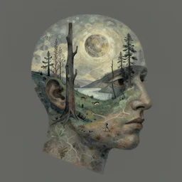 an epic concept surreal masterpiece... inside the head of bob lazer, in the style of max ernst, muted colors, digital art