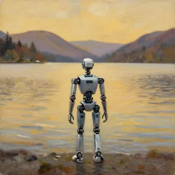 a robotic wanderer around lake windermere, lake district, painting made with oil on planks, warm colors, low texture, ripples