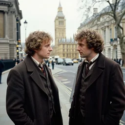 a scene from a filmic adaptation of blaise cendrar's moravagine, where raymond la science and moravagine are in london shot in 3 5 mm film