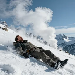 Nicolas Cage is sleeping in the mountains with huge steam clouds, snowy mountains in the background , ultra low camera angle, super wide lens, tilted camera, high speed motion, cinematic, ultra resolution, octane render, top trending artstation, 4k, 8k, hyper realistic, digital art, incredible details,