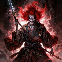 an epic portrait of insane kabuki wielding a spear, magical aura of insanity, intricate hakama, poofy red wig, eerie, highly detailed, dark fantasy, art by artgerm and greg rutkowski