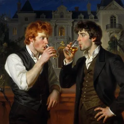 hero male mike and hero male tyler, one is ginger and the other brunet, drinking their hearts out, in their noble mansion, at night. highly detailed painting by gaston bussiere, craig mullins, j. c. leyendecker 8 k