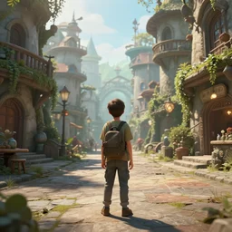 the back of a boy standing in the streets of a fantastical fantasy city, extremely detailed and photorealistic, 8k