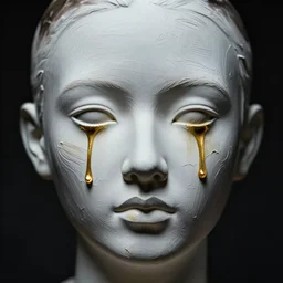 a person looking at camera made of porcellaine, golden tears, moody lighting, dark background, high contrast, textured paint strokes on the face, thick painterly feel