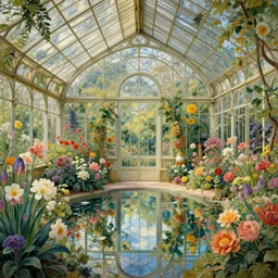 a beautifull intricate greenhouse with many flowers, reflexions, verry high details by william turner art, greg rutkowski and alphonse mucha, trending on artstation, very very detailed, masterpiece,