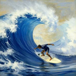 surfers on big blue wave, style of da vinci