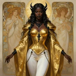 Portrait of a Holy Necromancer, black female, beautiful, golden robes, white pants, exquisite black accessories, golden corset, highly detailed, smooth, sharp focus, digital painting, illustration, fantasy, by Krenz Cushart and Artem Demura and alphonse mucha, artstation, cgsociety