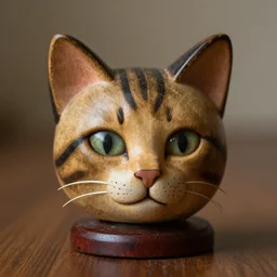 photographic portrait cat head, antique wooden toy, editorial